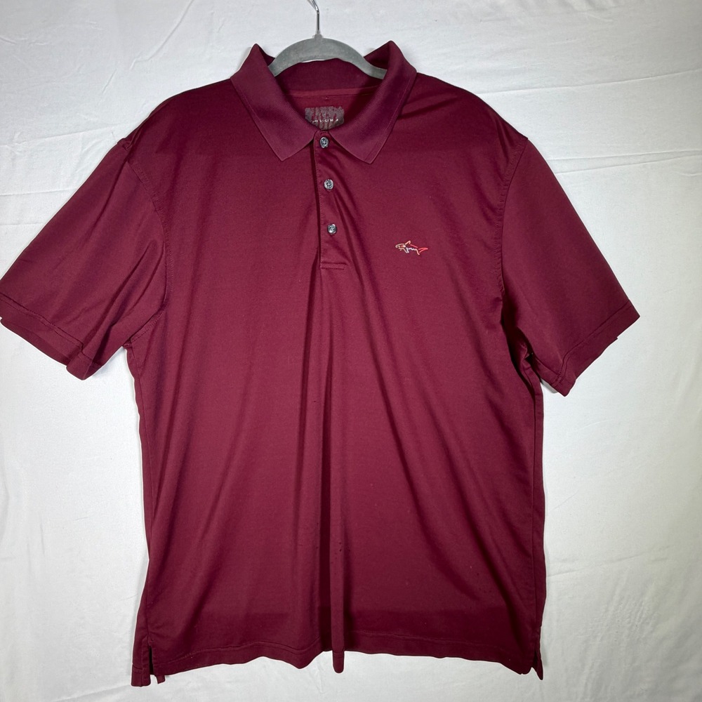 Greg Norman Mens Polo Shirt Burgundy Shark Logo Short Sleeve Size L Golf Casual